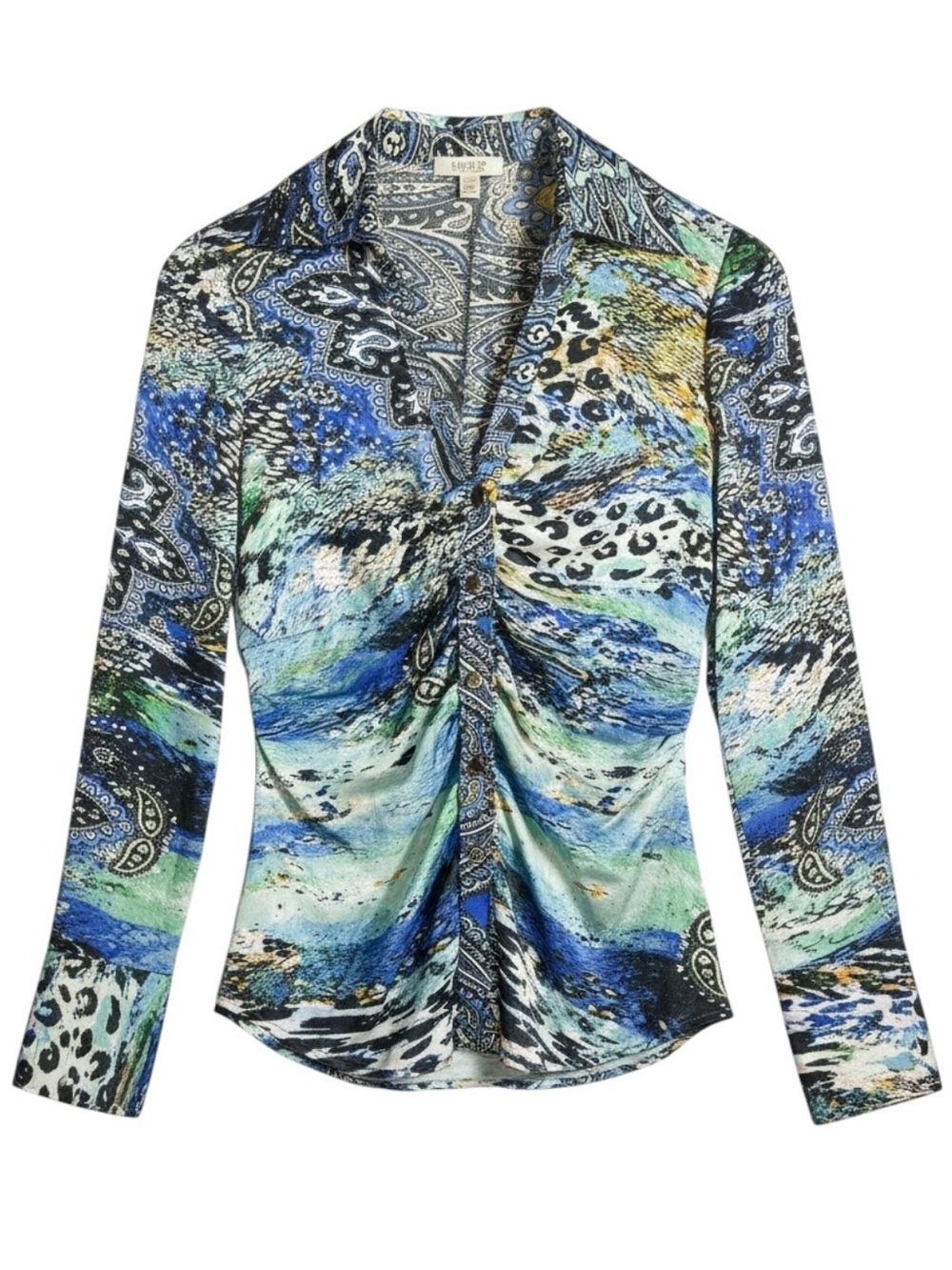 Cache Silk Blouse Blue Paisley Leopard Ruched Button Front Y2K Long Sleeve Small